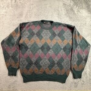 Brandini M Mens Argyle Diamond Crew Neck Sweater Wool Blend Green Italy Vintage